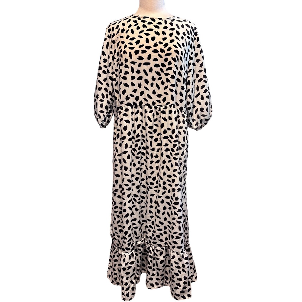 Missguided Maxi Dress Women 14 White Black NEW Abstract Print Tiered Puff Sleeve